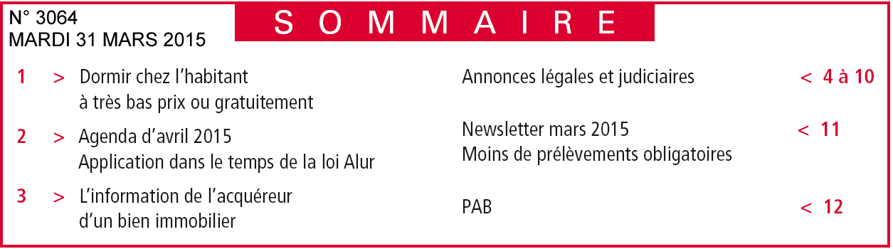 sommaire du N° 3064 du journal les petites affiches béarnaises et des Pyrénées Atlantiques - 31 mars 2015