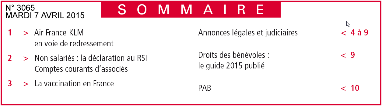 sommaire du N° 3066 du journal les petites affiches béarnaises et des Pyrénées Atlantiques - 14 avril 2015